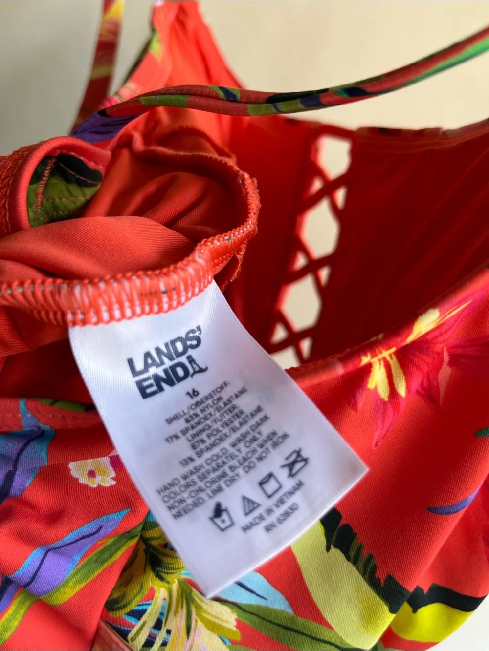 Lands’ End Swimsuit Sz 16 Removable Pads One Piece Orange Hawaiian Floral EUC